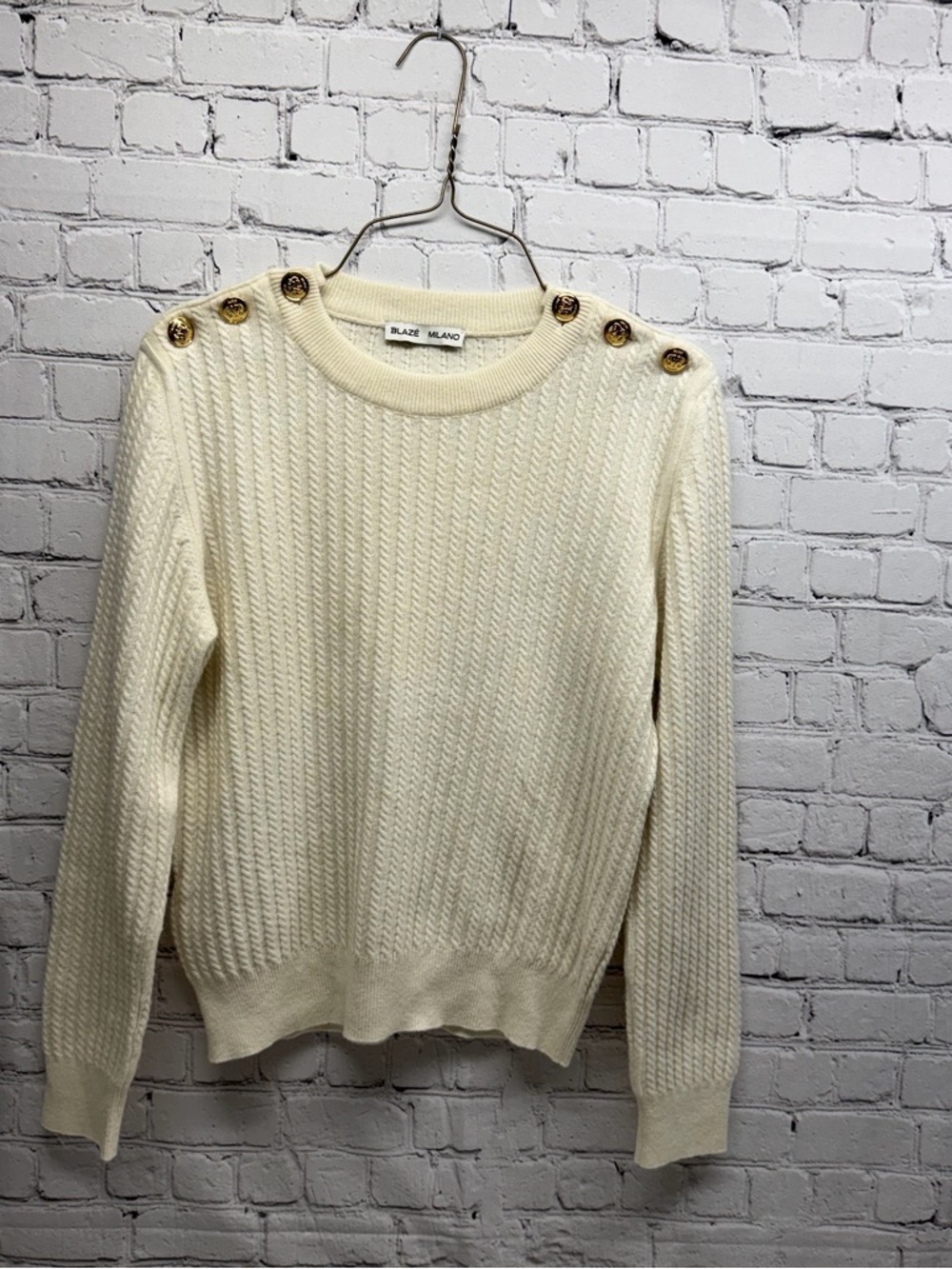 BLAZE MILANO wool/cashmere Cable-Texture Crewneck Sweater with Shoulder Buttons